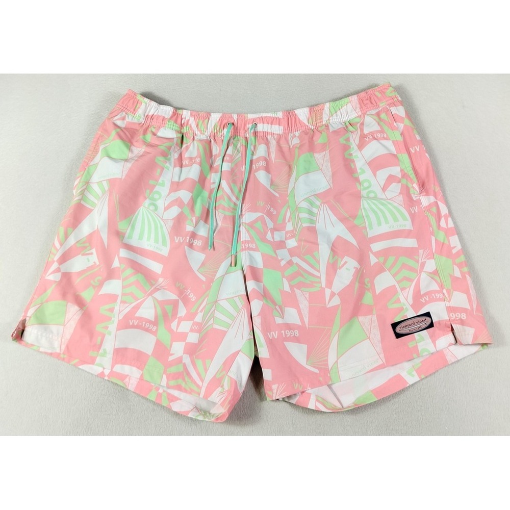 Vineyard Vines Swim Trunks Mens 2XL Pink Geometric Mesh Lined Drawstring